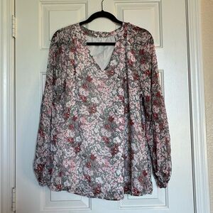 Elegant Floral V-Neck Blouse - Pink and Gray